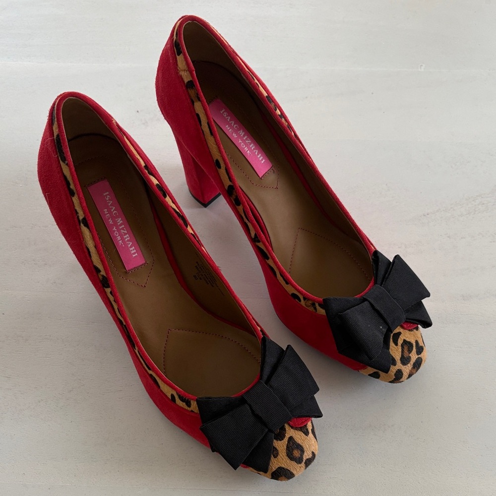 Isaac Mizrahi Red and Leopard Print Heels with Black Bow
